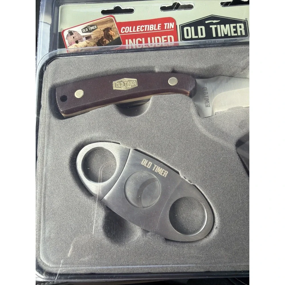 Old Timer Knife Limited Edition Cigar Collectible Tin Case Cow Barn Country 3 Pc